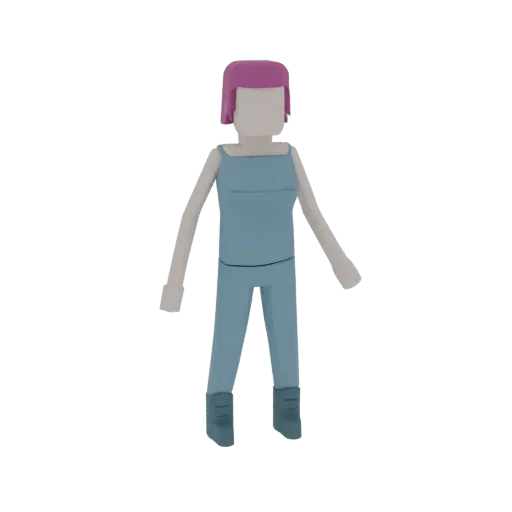 Un modèle 3D low-poly d'une femme aux cheveux roses courts, portant une combinaison bleue et des bottes, debout avec les bras