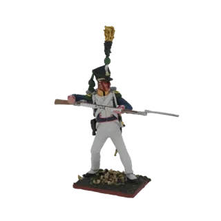 3D model of a Napoleonic era soldier in uniform, holding a musket, standing on a diorama base with debris.