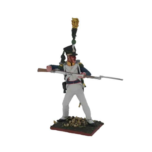 3D model of a Napoleonic era soldier in uniform, holding a musket, standing on a diorama base with debris.