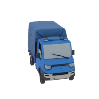 Uma renderização 3D de um caminhão azul com cobertura de lona azul, vista da frente-direita.