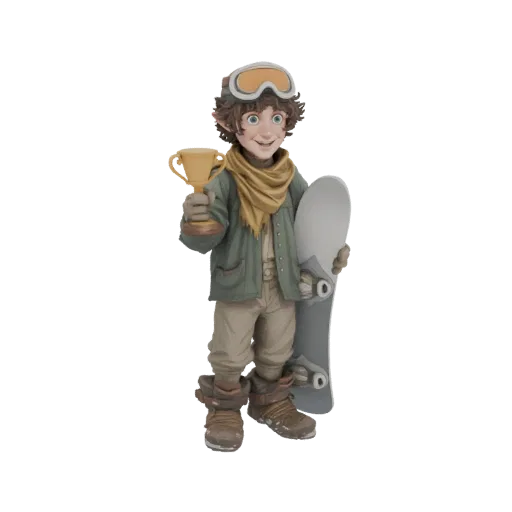 Modello 3D di elfo fantasy in tenuta da snowboard, con snowboard e trofeo, orecchie a punta ed espressione allegra.
