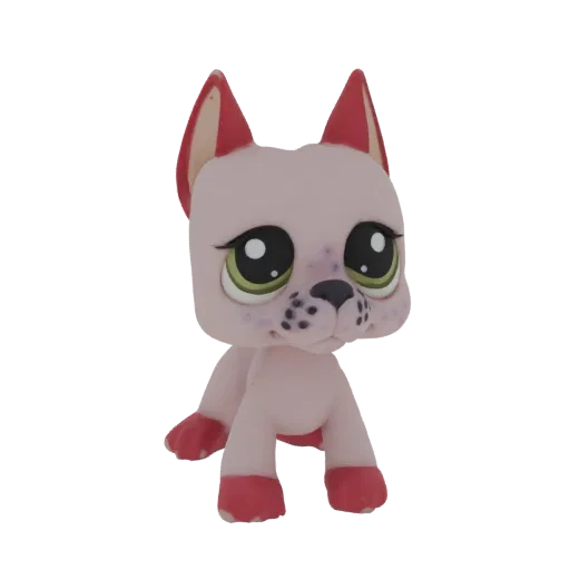 Modelo 3D de um brinquedo de cachorro rosa fofo com grandes olhos verdes, orelhas e patas vermelhas, e sardas roxas no focinh