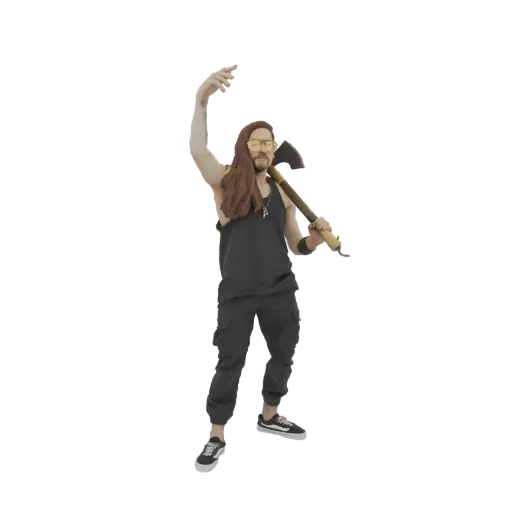 3D model of a man with long auburn hair, wearing a black tank top and cargo pants, holding an axe over his shoulder.