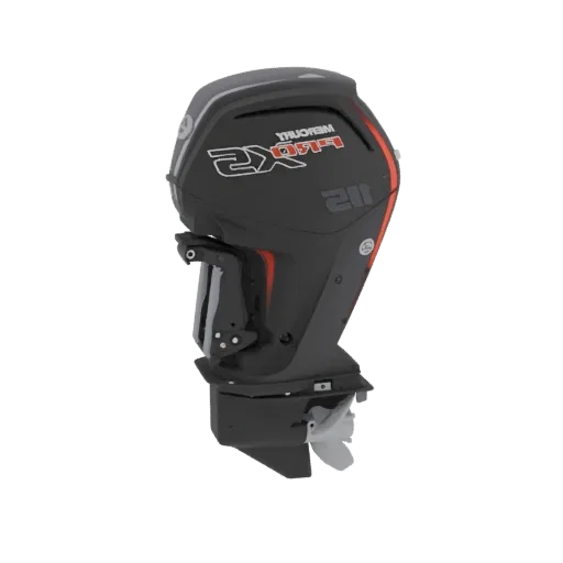Modelo 3D de um motor de popa Mercury 115 Pro XS de 4 tempos, mostrado de um ângulo lateral com sua carenagem cinza escuro e