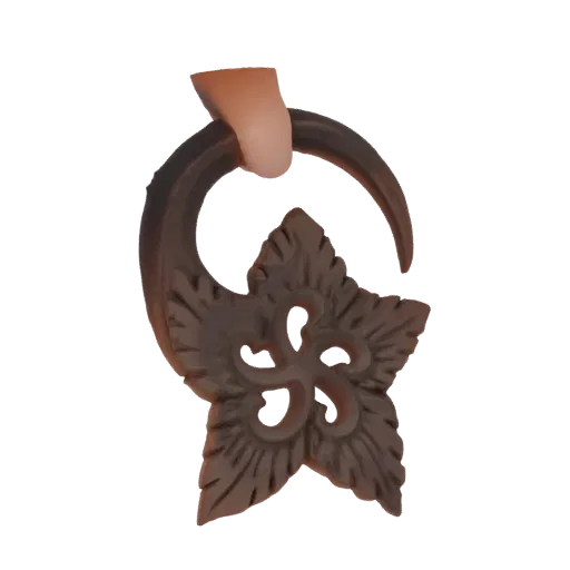 3D model of a carved wooden ear stretcher with a detailed floral design, held by a light-skinned hand.