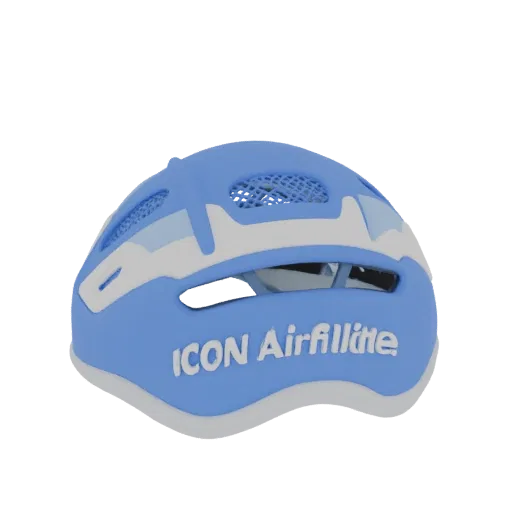 3D model of a blue and white ICON Airflite motorcycle helmet with 'ICON Airflite' text on the side.