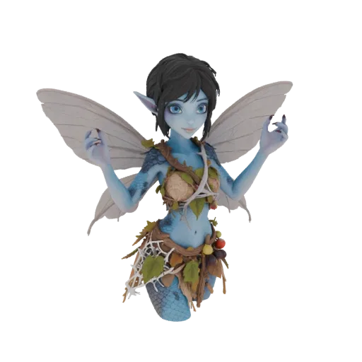 Modello 3D fata blu stile dark fantasy con ali semitrasparenti e abito di foglie e bacche.