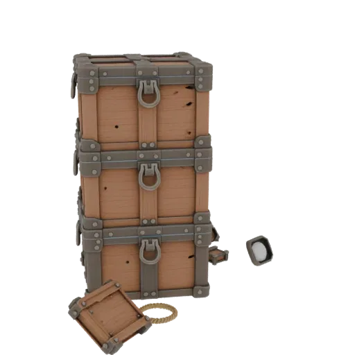 Pirate Crate Printable 3D model, isometric STL render, showing wood planks, stackable massing.