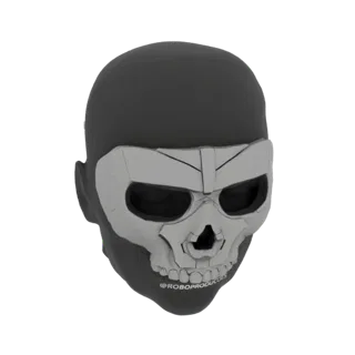 Modèle 3D du masque crâne Ghost, un design de crâne menaçant et anguleux avec des orbites sombres, présenté sur fond sombre.