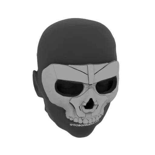 Modèle 3D du masque crâne Ghost, un design de crâne menaçant et anguleux avec des orbites sombres, présenté sur fond sombre.