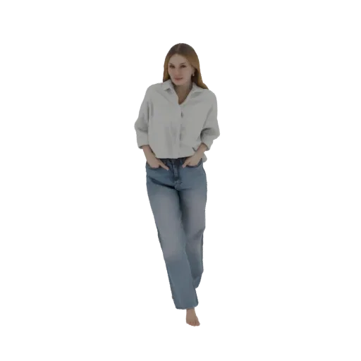 3D model of a woman with long blonde hair, wearing a light blue shirt and jeans, with hands in pockets, standing casually.