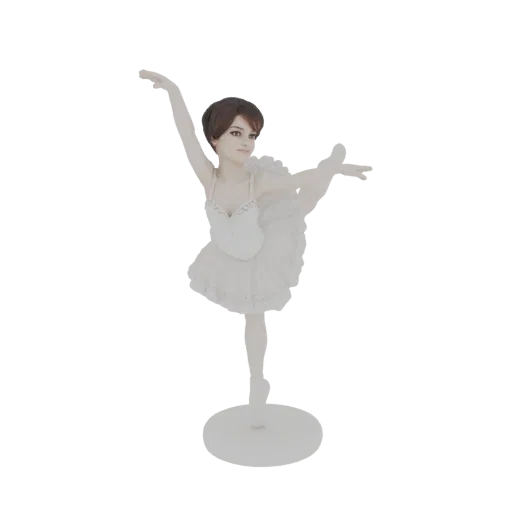 3D model of a ballerina in a white tutu performing an arabesque pose on a circular base.