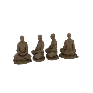 A 3D render of four distinct figures seated in meditation poses, with a textured, earthy appearance.