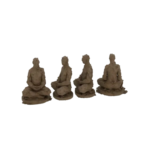 A 3D render of four distinct figures seated in meditation poses, with a textured, earthy appearance.