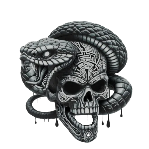 3D model of a detailed serpent coiled around a human skull, with intricate patterns on the skull and realistic scales on the