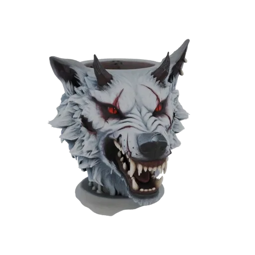 3D model of a fierce white wolf head with glowing red eyes, bared teeth, and a textured mane, presented against a black backg