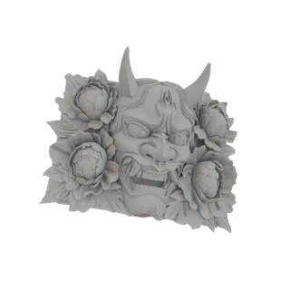 Modelo 3D de una máscara Oni gris con colmillos y cuernos detallados, rodeada de peonías esculpidas, sobre un fondo blanco.