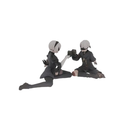 3D model of Nier Automata's 2B and 9S figures sitting and interacting with small cubes.
