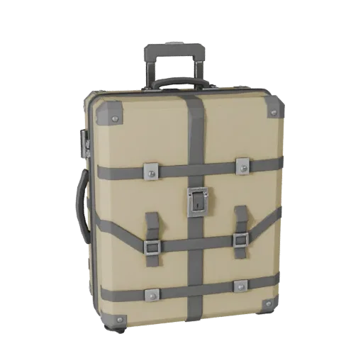 Modello 3D Valigia da Viaggio Utilitaria Low Poly, vista tre quarti del viewport di gioco, che mostra plastica, aperture utilizzabili.
