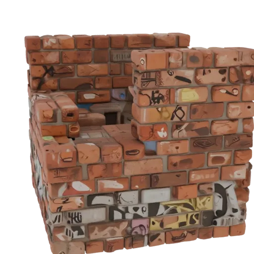 3D model of a brick wall with weathered graffiti, showcasing realistic brick texture and street art.