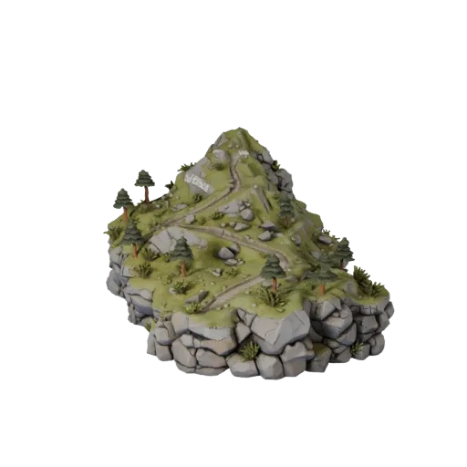 Mountain Switchback Trail Unreal Engine 3D model, top-down viewport view, showing layered soil, rock faces.