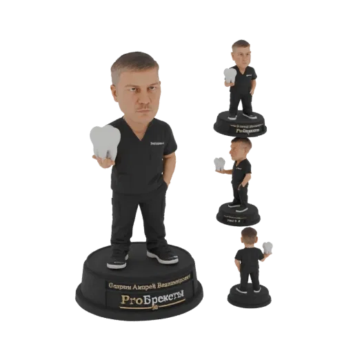 3D model of a dentist bobblehead wearing a black uniform and holding a large tooth, standing on a black base.