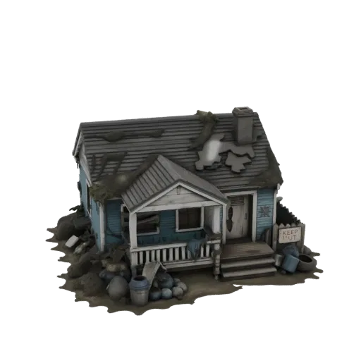 3D-Modell eines baufälligen blauen Hauses mit beschädigtem Dach, Trümmern und einem 'Zutritt verboten'-Schild.
