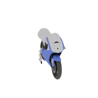 A 3D render of a blue and white racing motorcycle, viewed from a slightly elevated front-right angle.