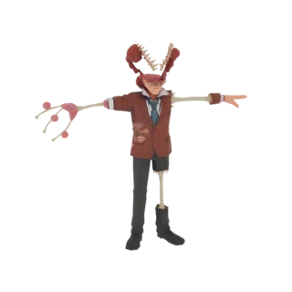 3D model of a creepy scarecrow with large red crab claws, skeletal arms and legs, wearing a tattered brown suit and blue tie,