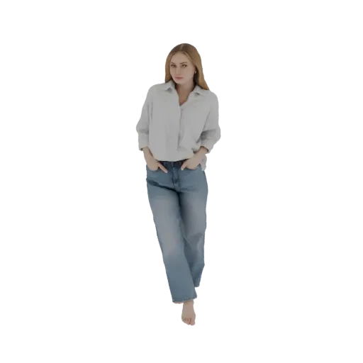 3D model of a young woman with blonde hair, wearing a light blue button-down shirt and blue jeans, standing with hands in poc
