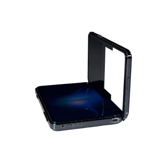Foldable Retro Mobile Phone Realistic 3D model, three-quarter studio render, showing glass screens, form detail.