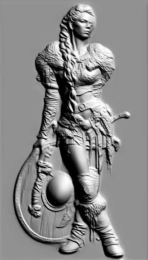 3D model of a Viking bas-relief with shield and sword, rendered in gray with high detail.
