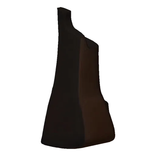 A dark, abstract sculptural vase with a smooth, matte finish and elegant, flowing curves, presented on a textured surface.