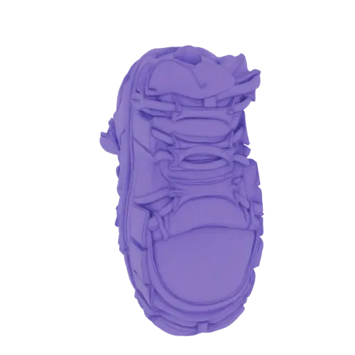 A 3D render of a stylized purple sneaker against a black background, showcasing its detailed design.