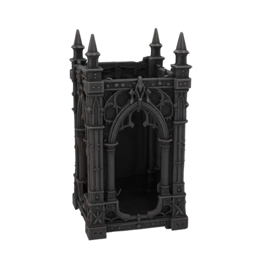 3D model of a dark, gothic archway with pointed arches, ornate tracery, and spires, set against a white background.