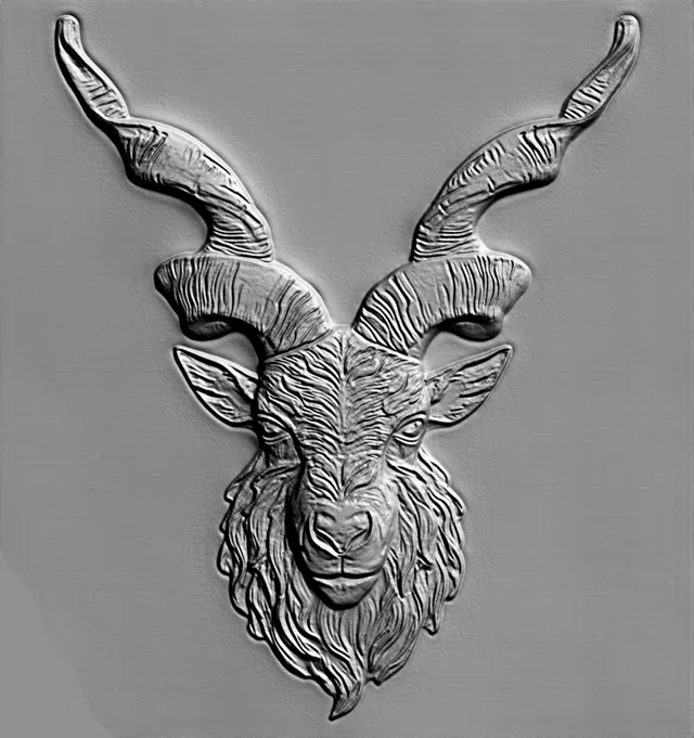 3D model of Markhor head bas-relief with detailed fur and characteristic twisted horns