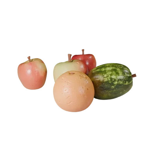 Market Apple 3D model, three-quarter front view, Unity viewport, showing skin pores, recognizable fruit forms.