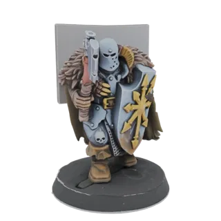 3D model of a Chaos Warrior with a fur cloak, shield with Chaos star, and bolt rifle, standing on a base.