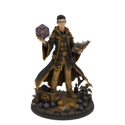 3D model of a Dungeon Master figure holding a large d20 die and a spellbook, surrounded by dice on a cobblestone base.