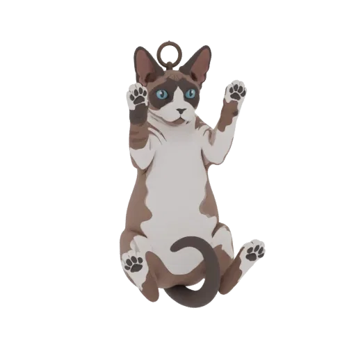 3D model of a Siamese cat hanging with paws outstretched, featuring blue eyes and brown markings.