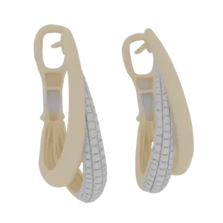 Un rendering 3D di una coppia di eleganti orecchini a cerchio in oro con intarsio testurizzato di diamanti su un lato di ogni