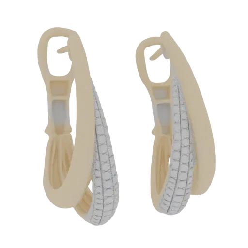 A 3D render of a pair of elegant gold hoop earrings with a textured diamond inlay on one side of each earring.