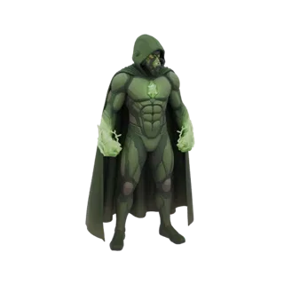 Modello 3D di un guerriero con armatura verde, cappuccio, mantello e mani che emettono energia verde.