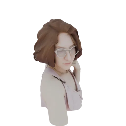 3D-Modell einer Frau mit kurzen braunen Haaren, Brille und rosa Oberteil, in einer Pose, die zur Seite blickt.
