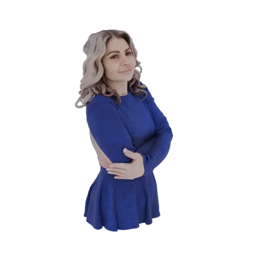 3D model of a woman with blonde hair wearing a sparkling blue long-sleeved dress, arms crossed.