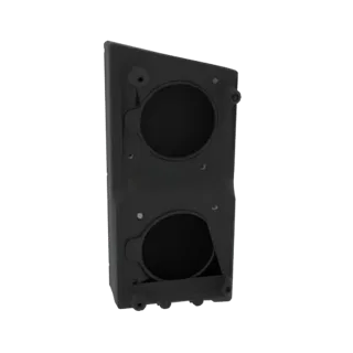 Una renderización 3D de una caja de doble altavoz negra con dos aberturas circulares, vista de lado.