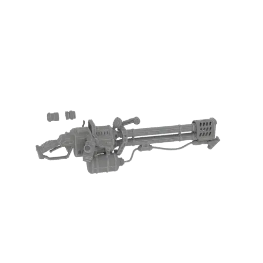 3D model of a heavy gatling gun with multiple barrels and an ammunition tank, rendered in gray.
