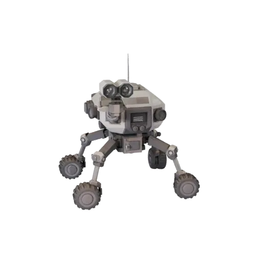 Lunar Drone Scout Low Poly 3D model, game viewport three-quarter view, showing dusty wheels, vehicle stance.