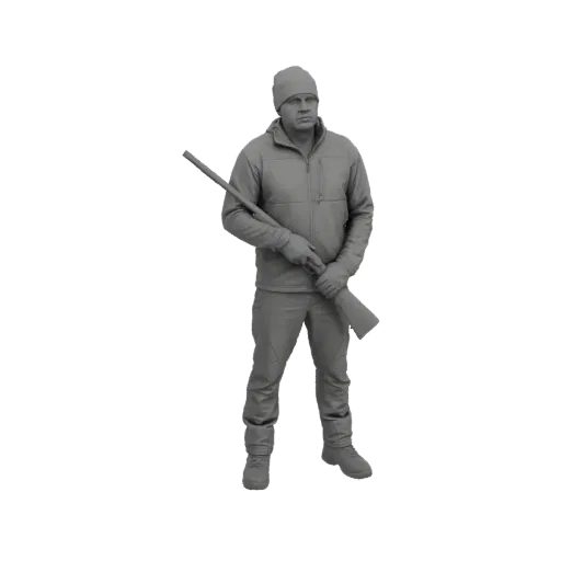 3D-Modell eines Jägers mit Mütze und Jacke, der ein Gewehr hält, in Grau gerendert.