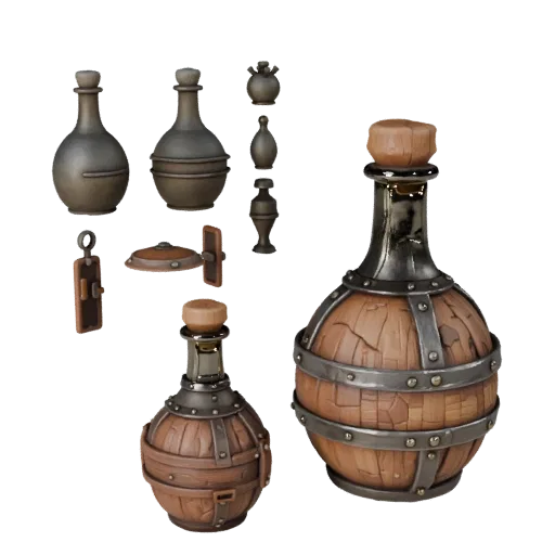 Adventurer Potion Bottle Modular 3D model, isometric modular kit view, showing aged wood, clear pickup silhouette.